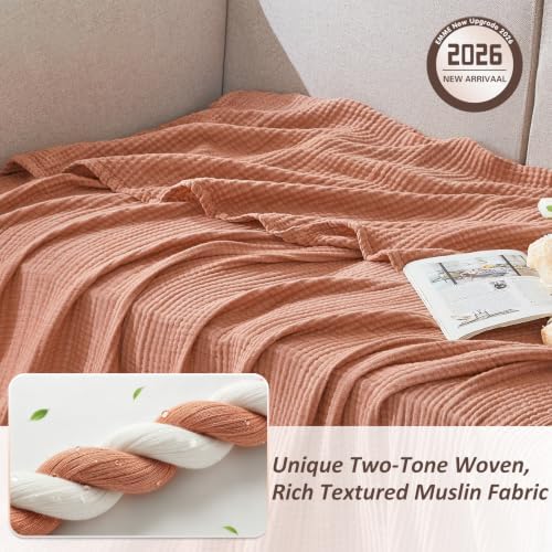 EMME Cotton Muslin King Blanket Bed Layering Breathable Gauze Blanket Soft Lightweight Blankets Adults (Orange Red, 108"x90") - Image 2