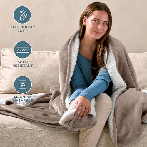Bare Home Sherpa Fleece Blanket (Full/Queen, Taupe) - Image 3