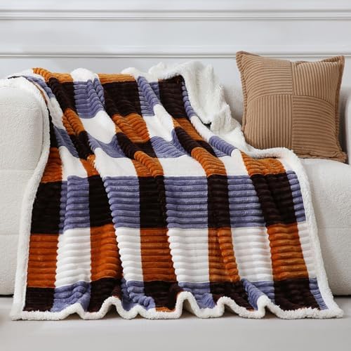 PU MEI Sherpa Blanket Twin Plaid Thick Bed Blanket, 60”*80” Super Soft Flannel Fuzzy Fleece Reversible Velvet Plush Warm Blanket for Couch (Brown Orange Check) by HOME