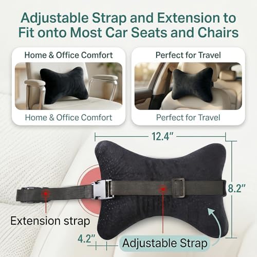 Aeris Car Neck Pillow for Driving - 100% Memory Foam Headrest Pillow with 8-Inch Strap Extension - Machine-Washable Soft Velour Cover - Carry Bag - Doubles as Office Chair or Lumbar Cushion - Image 2