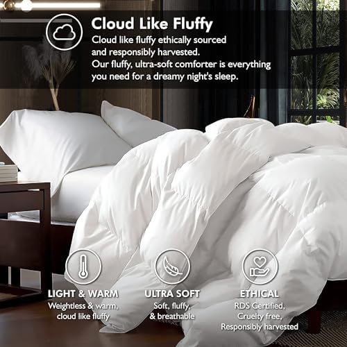 Luxurious King/Oversized King 108" x 98" Size Goose Down Fiber Waterfowl Feather Fiber Comforter Duvet, 100% Egyptian Cotton Cover, 65 oz. Fill Weight, Baffle Box Design, White Solid - Image 2