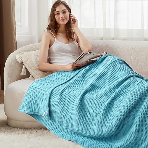 Tex Trend 100% Cotton Waffle Weave Blanket King Size - Soft, Breathable Cooling Blanket for Bed, Lightweight Cozy Summer & Spring Bedding, Blue, 90x108 - Image 4