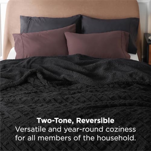 Bedsure Sherpa Fleece Blanket, Cable Jacquard Tufted, Warm, Black, Queen - Image 2