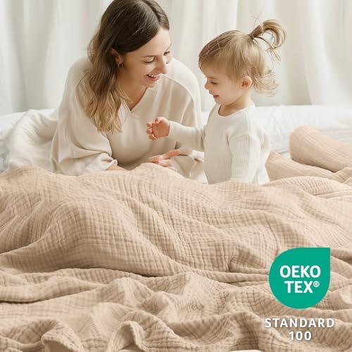 100% Cotton Muslin Blanket California King 120" x 90", 6 Layers Breathable and Lightweight Oversized Blankets for Bed, Soft Cooling Gauze Blanket for Adults All Season, Beige - Image 4