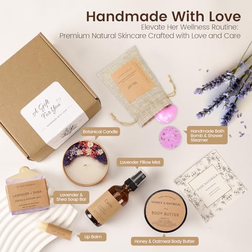 Bath Gift Set, Spa Gifts for Women, Self Care Products for Women, Lavender & Cream Soap Bar, Calm Pillow Mist, Bath Bomb & Shower Steamer, Body Butter and Lip Balm - Image 3