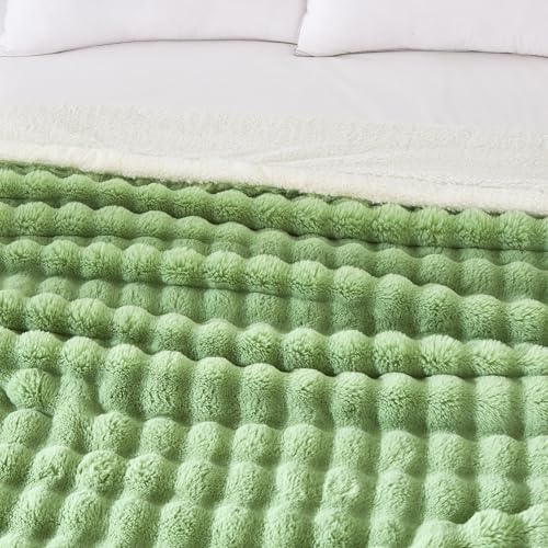 60x80 Inches Ultra-Soft Fuzzy Faux Fur Plush Twin Size Blanket - Thick, Warm Sherpa for Couch, Sofa, Bedroom, Camping - Decorative Blanket for Cozy Warmth, Bubble Light Green - Image 2