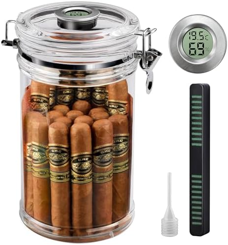 XIFEI Acrylic Humidor Jar with Digital Hygrometer, Tall Design Storage Case Fits Long Cigar, Humidifier & Spanish Cedar Wood Veneer, Portable Travel Humidor for 15-20 Cigars by XIFEI