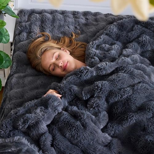 Lotus Karen Faux Fur Blanket Dark Gray Twin Size - Big Bubble Rabbit Fluff Throws for Couch Small Fluffy Fuzzy Cozy Thick Furry Plush Shaggy Blankets 60x80 Inches - Image 6