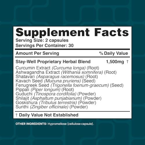 Stay-Well Naturals Infla-Support Plus- 750mg Herbal Supplement Blend with Curcumin and Ashwagadha Extract, Shatavari, Kavach, Fenugreek, Pippali, Guduchi, Shilajit, Goshura and Sunthi 60ct - Image 5
