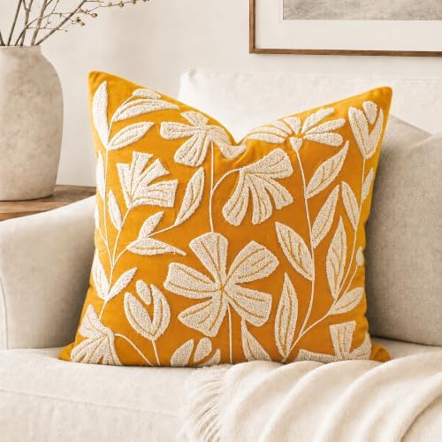 BlissBlush Throw Pillow Cover 20x20 Inch, Mustard Floral Tufted Velvet Decorative Accent Pillow Case for Sofa Bed Living Room, Cover Only by BlissBlush