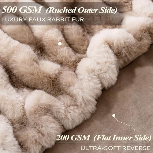 Touchat Ruched Rabbit Faux Fur Throw Blanket, Fluffy Soft,Tie-dye Brown - Image 2