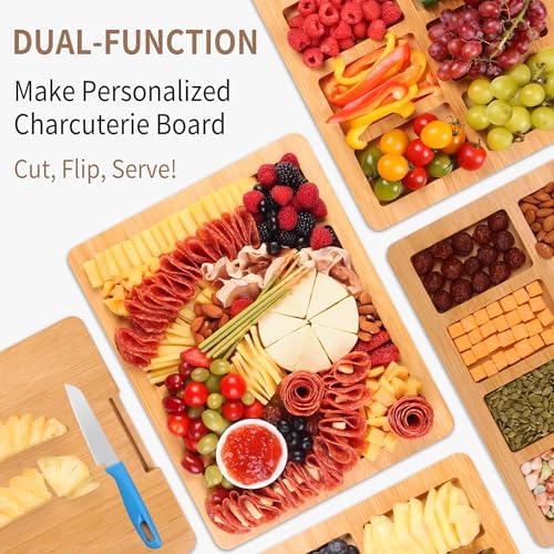CAWIU Charcuterie Board with Lid and Handle - Portable Travel Design Bamboo Cheese Board Set with 4 Cheese Tools, Gift for Housewarming, Weddings, Picnics(8 Compartments, White) - Image 4