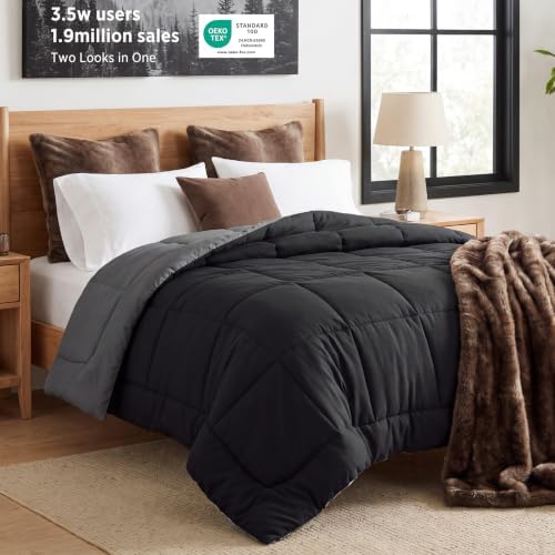 Bedsure Comforters Queen Size Duvet Insert, Quilted Down Alternative Comforter, Ultra Soft Lightweight Comforter Blanket for Bed, with 8 Tabs, Machine Washable, 88x88 in, Black/Grey by Unknown