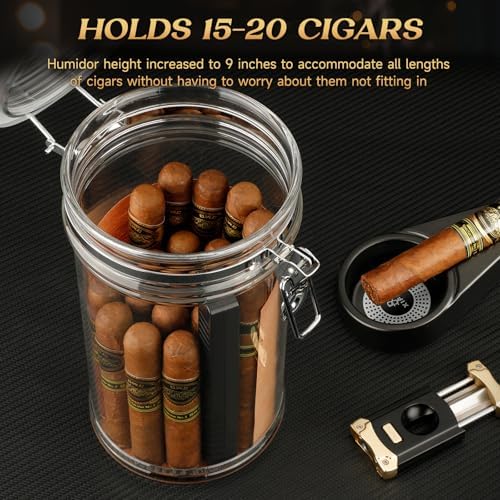 XIFEI Acrylic Humidor Jar with Digital Hygrometer, Tall Design Storage Case Fits Long Cigar, Humidifier & Spanish Cedar Wood Veneer, Portable Travel Humidor for 15-20 Cigars - Image 6