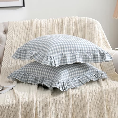 2 Pack Blue White Plaid Ruffle Throw Pillow Covers Farmhouse Checkered Chic - Image 3