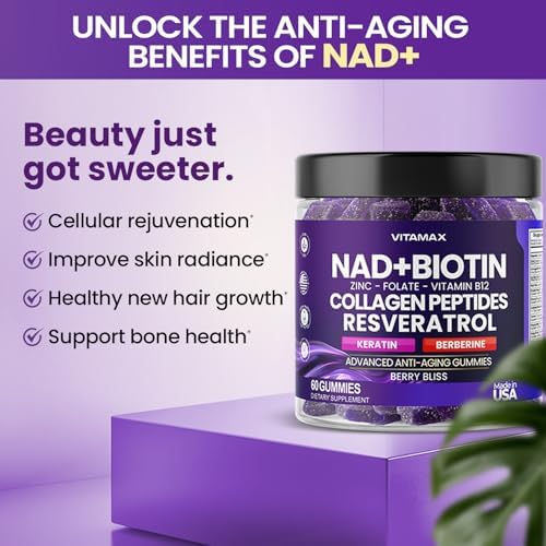 NAD+, Resveratrol, Berberine, & Biotin Anti-Aging Gummy - Hair, Skin, Nails & Joint Supplement - Collagen Peptides, Keratin, Zinc, Vitamin K2 & D3 Gummies -Regeneration- Non-GMO - Made in USA 60 Count - Image 6