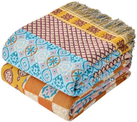 VANJOROY Boho Throw Blanket, 100% Organic Cotton Breathable Skin-Friendly Ultra Soft 50" x 60" Bed Quilt Patchwork Throw - Floral Luxury Reversible Blanket for Sofa Couch Chair and Gift, by CHOOSEVANJOROYENJOYAMORECOMFORTABLEFEELING
