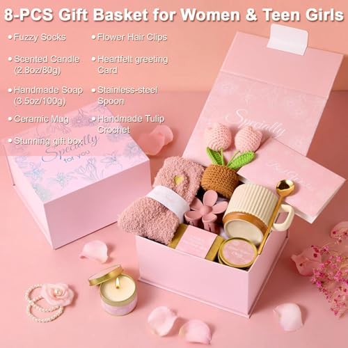 8PCS Birthday Gifts Box for Women Care Package Baskets for Women Hug in a Box Self Care Get Well Soon Gift Set for Mom Wife Girlfriend Sister Friends (Pink) - Image 2