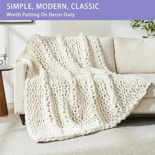 Bigacogo Chunky Knit Throw Blanket for Couch, 40x60 inches, Vintage White - Image 3
