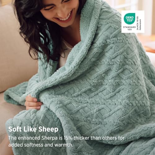 Bedsure Sherpa Fleece Blanket, Cable Jacquard Tufted, Warm, Sage Green - Image 2