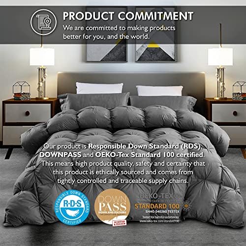 Luxurious All-Season Goose Down Feather Fiber Comforter Queen Size Duvet Insert, Exquisite Pinch Pleat Ruffled Twisted Flower, Premium Baffle Box, 100% Egyptian Cotton Cover, 60 oz. Fill Weight, Gray - Image 3