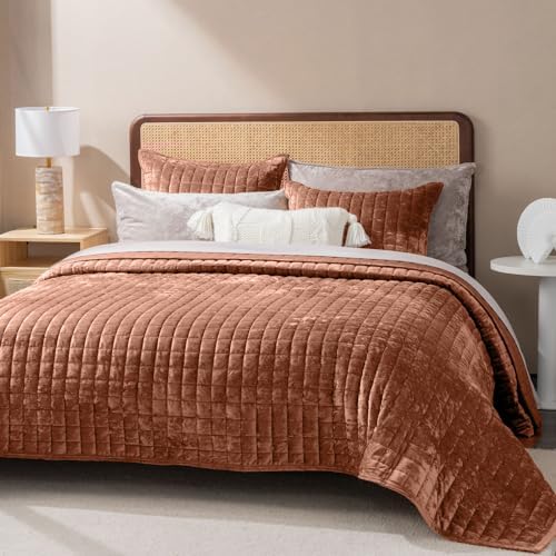 RECYCO Channel Box Stitch Velvet Quilt Set, King Size, Terracotta - Image 3