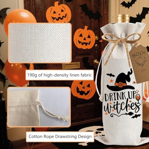 1Pcs Drink Up Witches Gifts Wine Bag,Halloween Wine Bag Halloween Gifts Party Decorations for Women Men with 1Pcs Kraft Blessing Cards and natural jute rope - Image 3