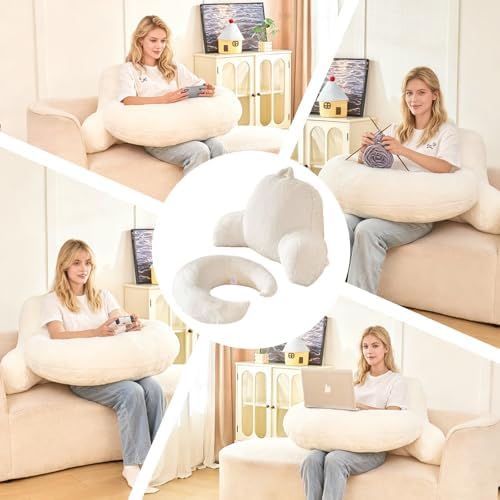 19" Reading Pillow for Bed,U Shaped Arm & Elbow Support,White Faux Fur - Image 5