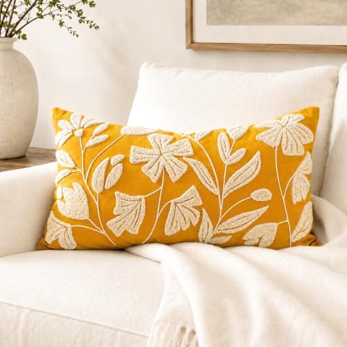 BlissBlush Lumbar Pillow Cover 12x20 Inch, Mustard Floral Tufted Velvet Decorative Accent Pillow Case for Sofa Bed Living Room, Cover Only by BlissBlush
