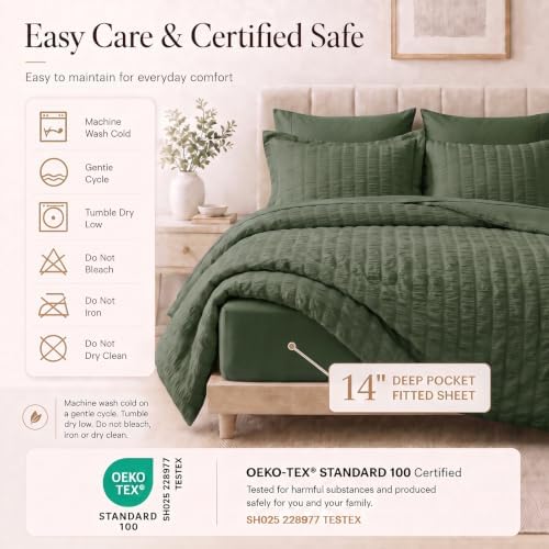 CozyLux King Size Comforter Set 7 Pieces Dark Green Seersucker Bed in a Bag - Image 5