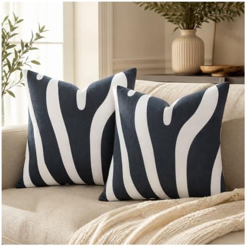 2PCS Pack Decorative Pillowcase Zebra Animal Stripe Dark Gray Black and White Embroidered Decorative Throw Pillow Cover 17x17 inch Grey Black Modern Pattern Animal Stripes Chic Zebra Pillow - Image 3