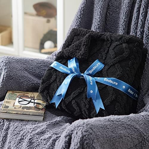 Bedsure Sherpa Fleece Blanket, Cable Jacquard Tufted, Warm, Black, King - Image 5