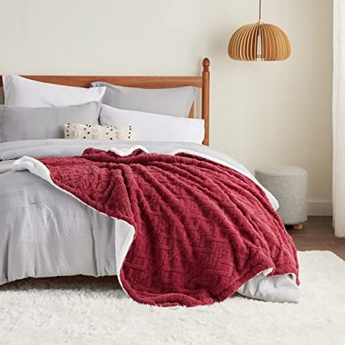 Bedsure Sherpa Fleece Blanket, Cable Jacquard Tufted, Warm, Red, Twin - Image 6