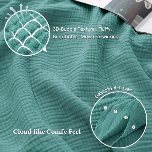 David's Home 100% Cotton Muslin Throw Blanket for College Dorm, 4-Layer Soft Breathable Lightweight Comfy Cozy Throw Guaze for Hot Sleepers, 3D Bubble Room Decor for Bed, Giftable, Teal, 50"x70" - Image 3