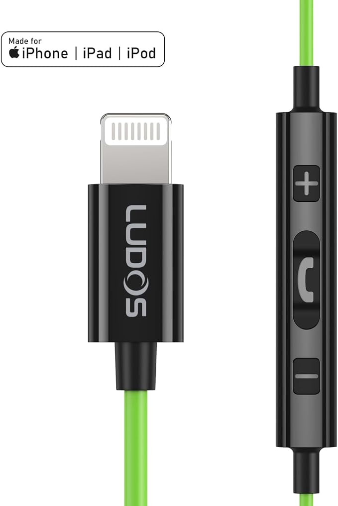 LUDOS Ultra iPhone Wired Headphones Earbuds Earphones with Lightning Connector Apple MFi Certified, 5 Years Warranty, for iPhone 14 13 12 11 Pro Max X XS XR 8 7 Plus with Microphone Control - Green - Image 7