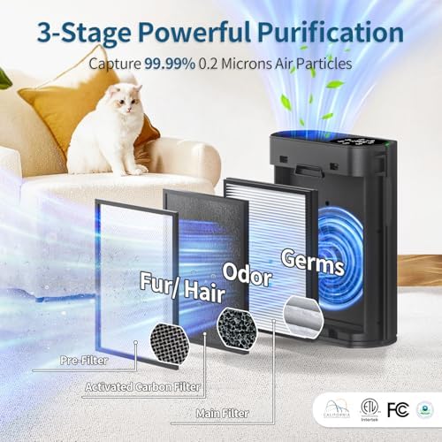 Air Purifier for Large Room, Cleans 2,400 ft² in 30 Mins, 3-Stage True HEPA, 360° Airflow, Large Touch Display Control, Real-Time Air Quality (PM2.5) Display, Ultra-Quiet 20dB Sleep Mode, HAP602 Black - Image 3
