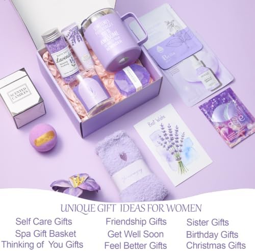 Lavender Spa Gift Baskets for Women - 10 Pcs Happy Birthday Gifts for Women, Unique Relaxation Spa Gift Christmas Ideas Relaxing, Valentine's Day Self-Care Gift Basket for Mom, Wife, Girlfriend - Image 2