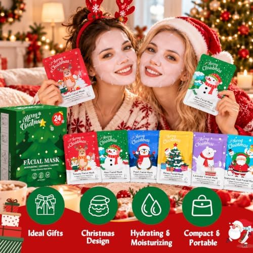 KONEUK 24 Pack Christmas Facial Masks for Stocking Stuffers, Christmas Gift - Image 5