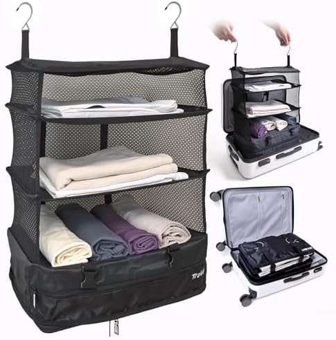Grand Fusion Stow-N-Go Hanging Travel Shelves, Packing Organizer for Luggage. Carry on Closet for Suitcase. Expandable Packing Cube. Travel Essentials. (Black - XL, XL = (L) 17.7" x (W) 11.8") by GrandFusion