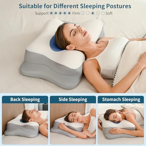 Cervical Neck Pillow for Pain Relief - Ergonomic Side Sleeper Pillow for Sleeping, Cooling Memory Foam Pillows for Neck Support, Orthopedic Pillow Contour Bed Pillow for Back Sleepers (Blue&White) - Image 7