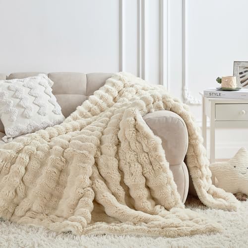 50x60 Inches Ultra-Soft Fuzzy Faux Fur Plush Throw Blanket - Thick, Warm Sherpa for Couch, Sofa, Bedroom, Camping - Decorative Blanket for Cozy Warmth, Bubble Khaki - Image 2