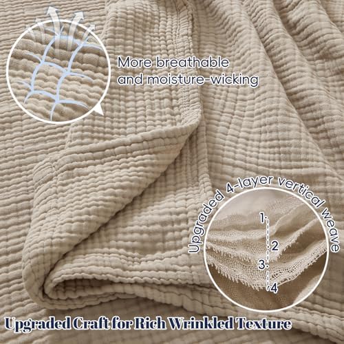 PHF 100% Cotton Muslin Blanket Twin XL Size 66"x90", 4-Layer Lightweight Gauze Throw, Breathable Cloud-Soft Minimalist Blanket for Bed, Couch, Camping & Baby, Taupe, Ideal Gift - Image 3