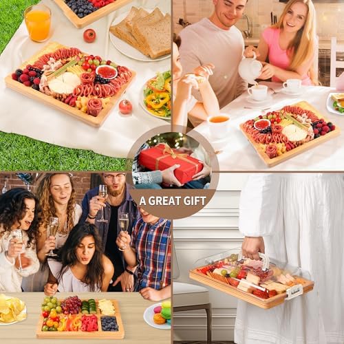 CAWIU Charcuterie Board with Lid and Handle - Portable Travel Design Bamboo Cheese Board Set with 4 Cheese Tools, Gift for Housewarming, Weddings, Picnics(8 Compartments, White) - Image 6
