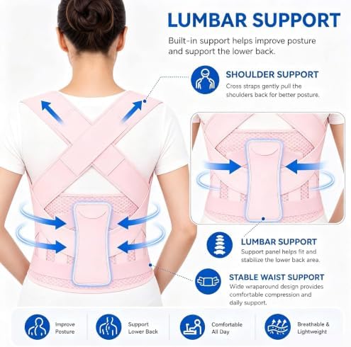 Posture Corrector for Women and Men, Back Brace with Adjustable Shoulder Brace, Full Support Waist Belt and Lumbar Panel, Spine Alignment Posture Trainer for Neck, Shoulder, Upper and Lower Back Support, Slouching and Hunchback Corrector (Pink, Large) - Image 2