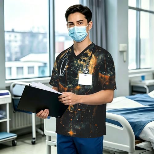 Men's Scrub Top,V-Neck Spill Wrinkle Resistant,3 Pockets-Mysterious Universe (2) - Image 3