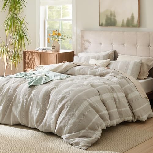 Bedsure PureWoven Boho Striped Cotton Waffle Duvet Cover Set, Queen, Linen - Image 2