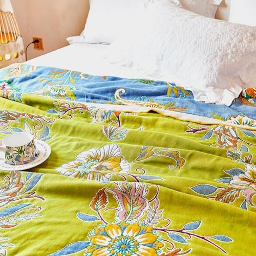 VANJOROY Boho Throw Blanket, 100% Organic Cotton Breathable Ultra Soft Bed Quilt Throw - All Season Luxury Floral Farmhouse Decor Blanket for Sofa Couch Chair and Gift. 91" x 98"-Green/Blue - Image 7