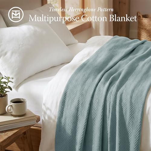 Threadmill Luxury 100% Cotton Queen Herringbone Blanket, Mist Blue - Image 2