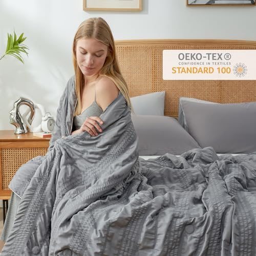 Cozy Bliss Seersucker Cooling Comforter Twin Size, Q-Max 0.45 Reversible Lightweight Cooling Throw Blanket, Breathable Silk Smooth Summer Bedding Quilt for Hot Sleepers Night Sweats Dark Grey - Image 6