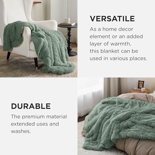 Bedsure Faux Fur Fluffy Sherpa Blanket Couch Throw Sage Green 50"x60" - Image 5